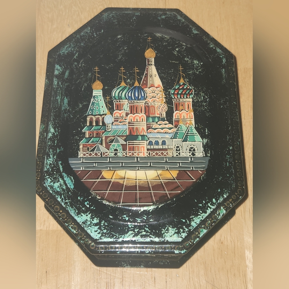 Russian Moscow Laquer Box Red Interior Hand Painted Architecture Trinket